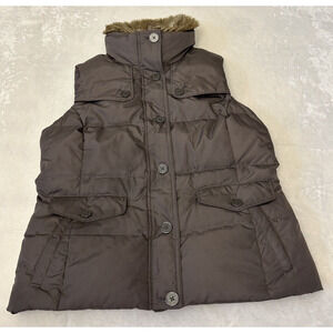 Lands' End Down Puffer Vest Faux Fur Collar Sz M 10-12 Gray Zip Button Front
